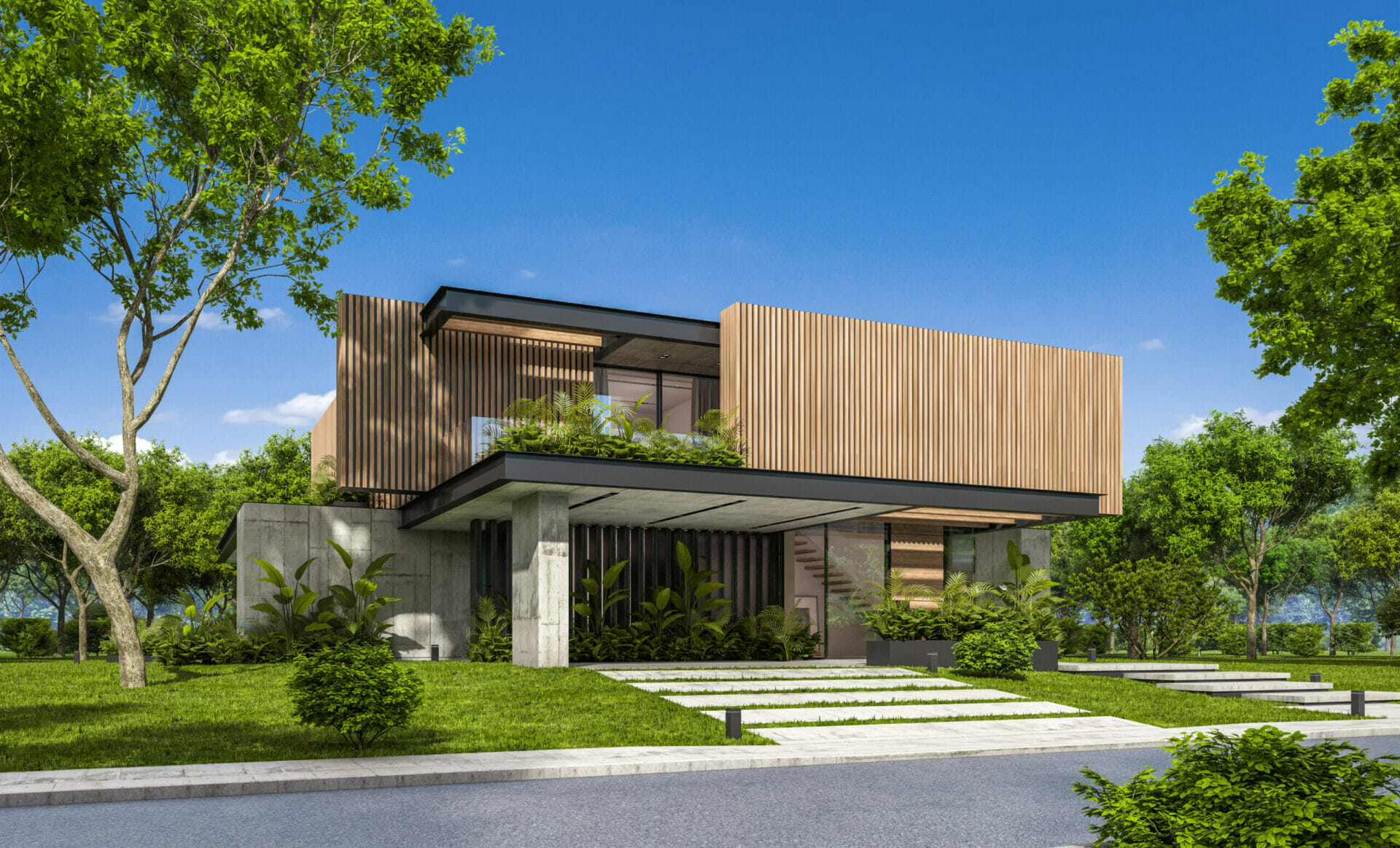 3d,Rendering,Of,Modern,Cozy,House,With,Parking,And,Pool
